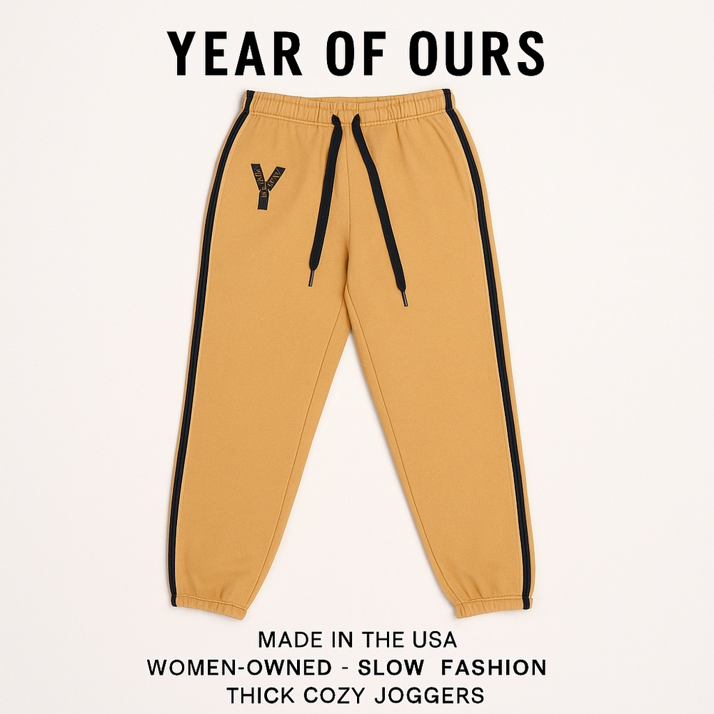 Year of Ours Varsity Joggers – Size Small | Tan & Black | Made in USA